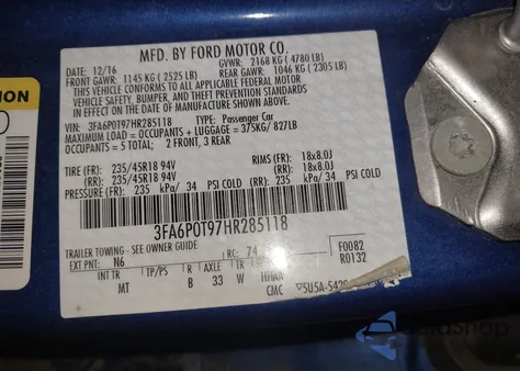 2017 Ford Fusion Se from USA, damaged, VIN 3FA6P0T97HR285118